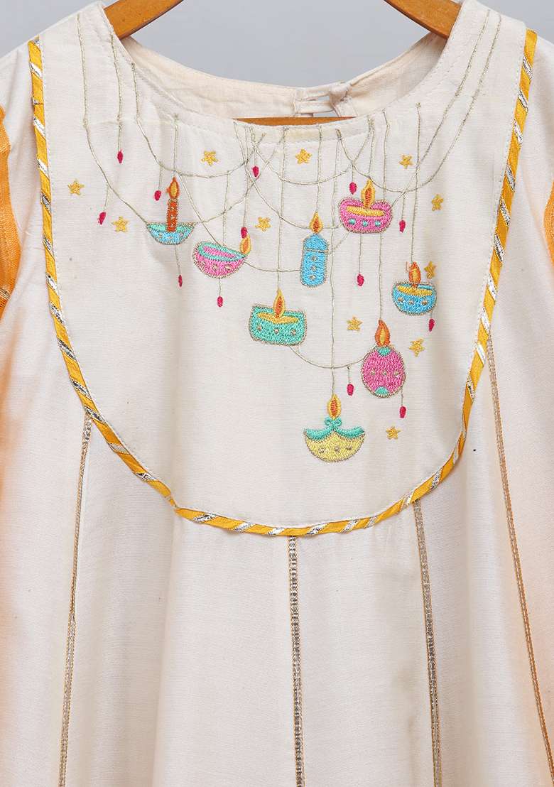 Offwhite Embroidered Cotton Silk Anarkali For Girls - Indya