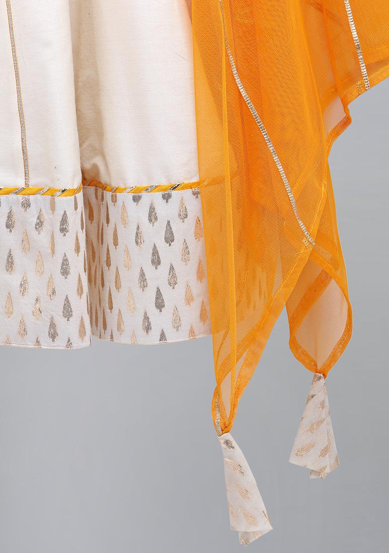 Offwhite Embroidered Cotton Silk Anarkali For Girls