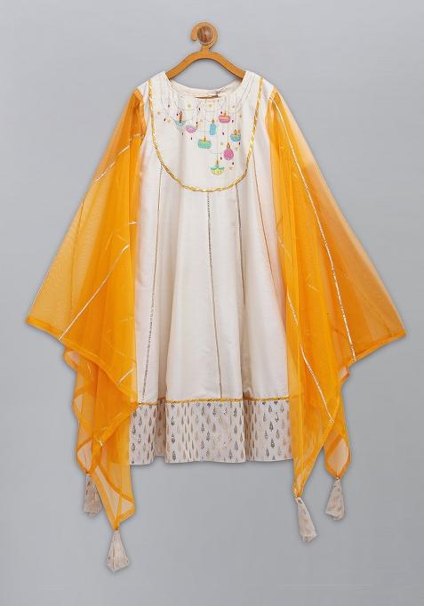 Offwhite Embroidered Cotton Silk Anarkali For Girls