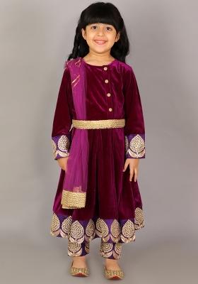 Purple Embroidered Velvet Anarkali For Girls