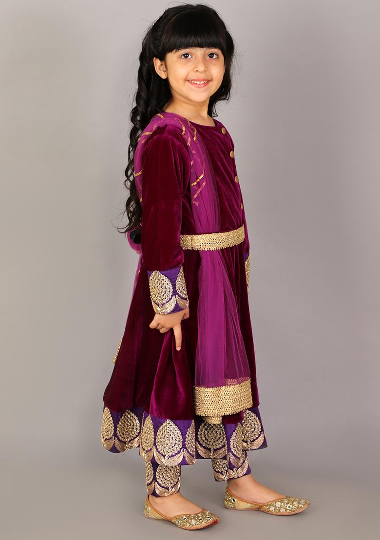 Purple Embroidered Velvet Anarkali For Girls
