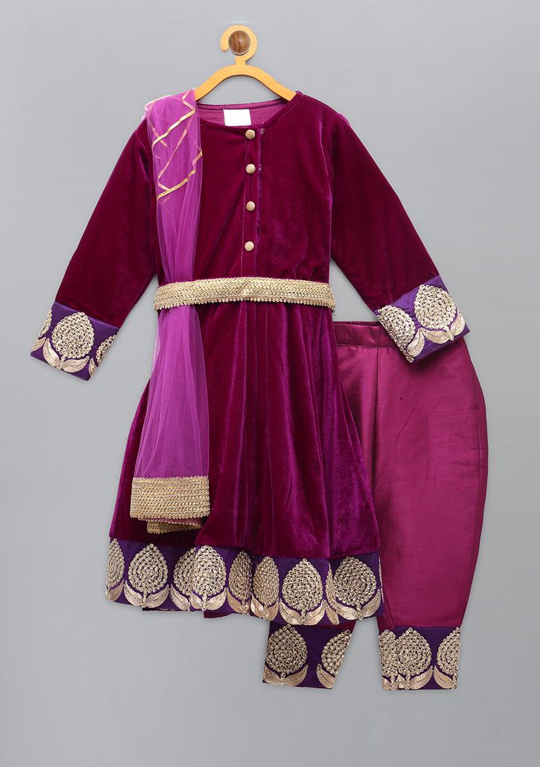 Purple Embroidered Velvet Anarkali For Girls