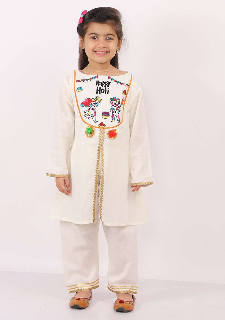 Offwhite Embroidered Cotton Kurta Set For Girls - Indya