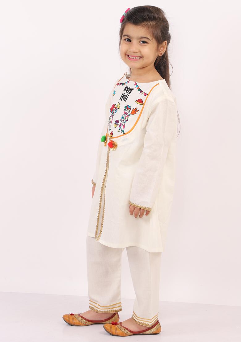 Offwhite Embroidered Cotton Kurta Set For Girls