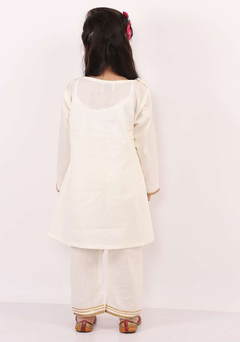 Offwhite Embroidered Cotton Kurta Set For Girls - Indya