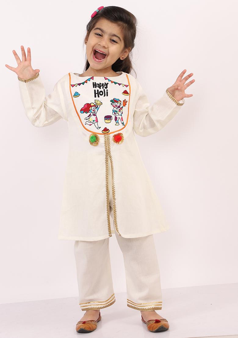 Offwhite Embroidered Cotton Kurta Set For Girls