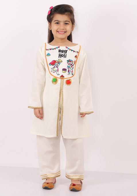 Offwhite Embroidered Cotton Kurta Set For Girls