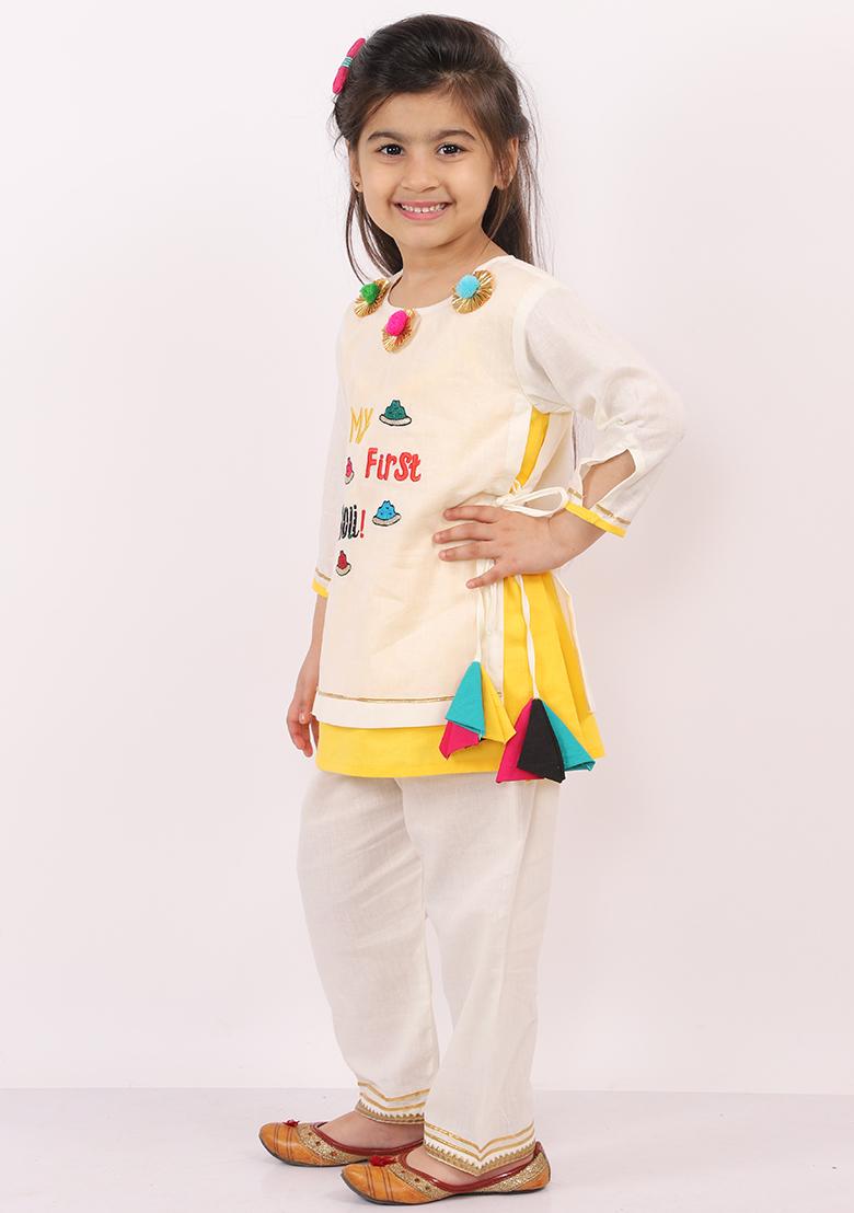 Offwhite Embroidered Cotton Kurta Set For Girls