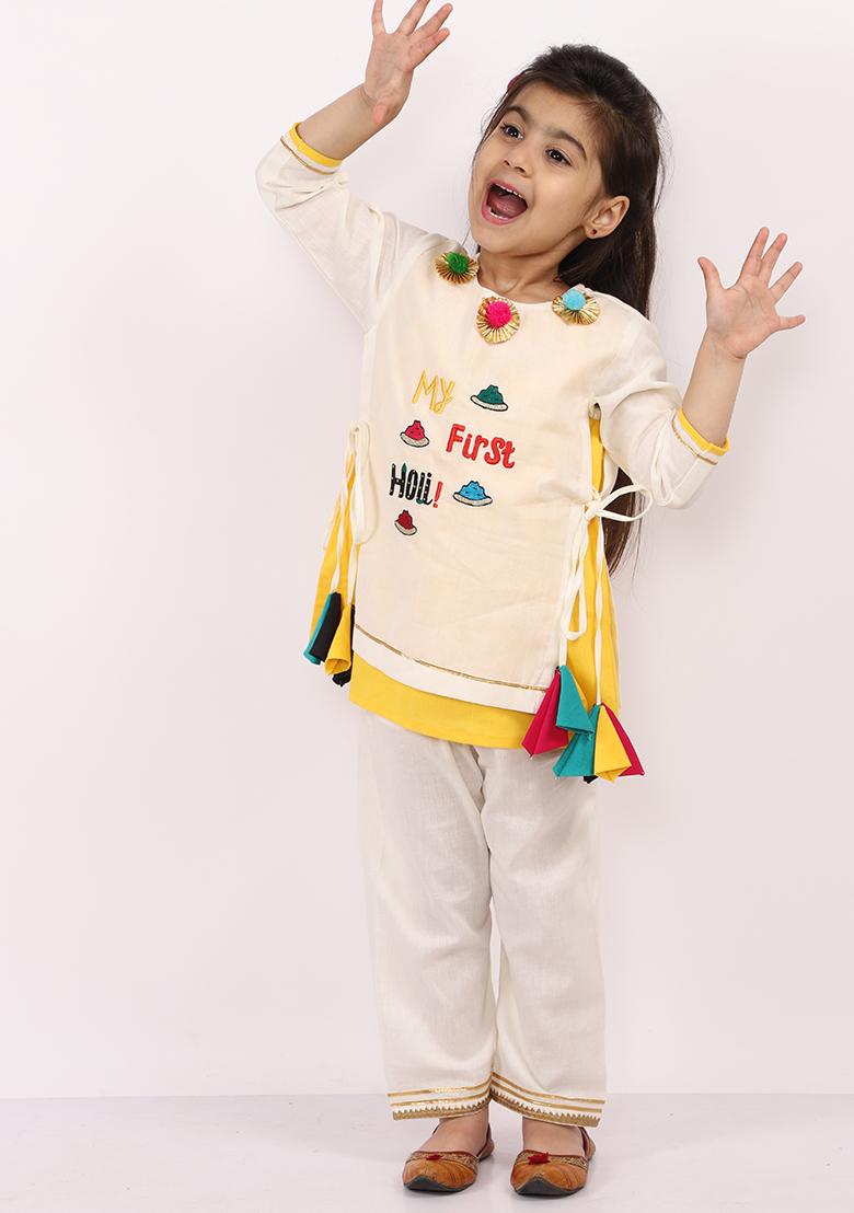 Offwhite Embroidered Cotton Kurta Set For Girls
