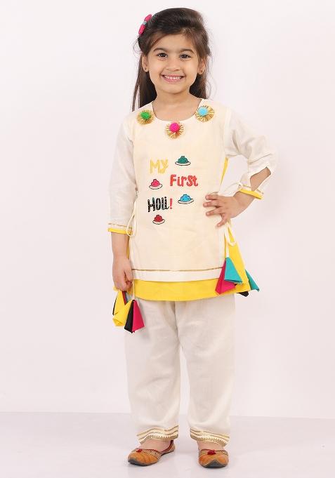 Offwhite Embroidered Cotton Kurta Set For Girls