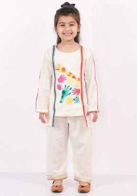 Offwhite Embroidered Cotton Kurta Set For Girls