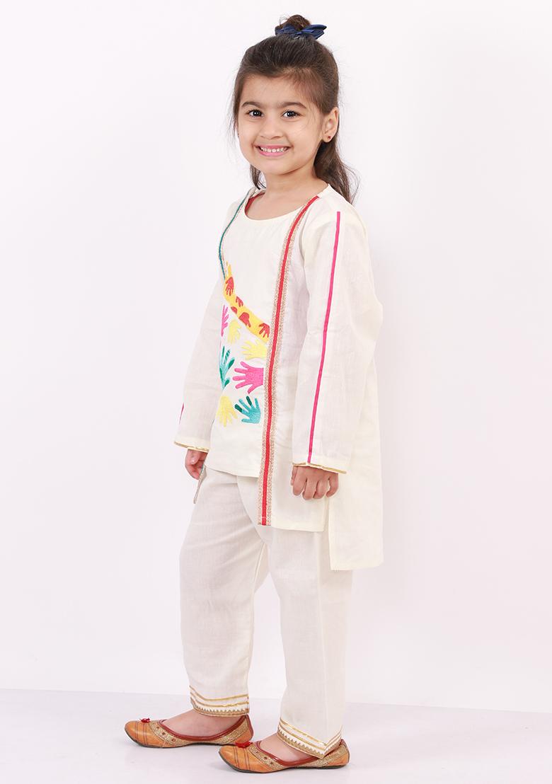 Offwhite Embroidered Cotton Kurta Set For Girls