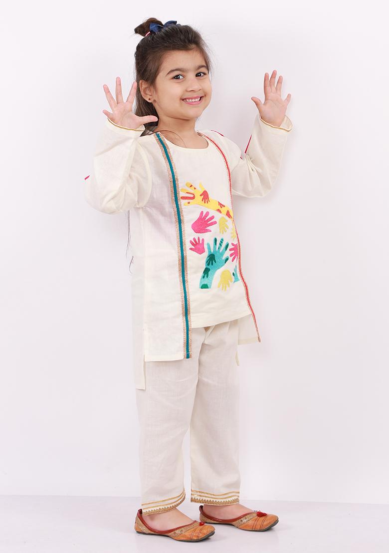 Offwhite Embroidered Cotton Kurta Set For Girls