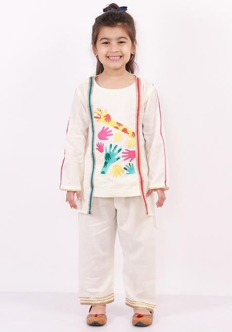 Offwhite Embroidered Cotton Kurta Set For Girls