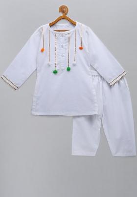 White Embroidered Cotton Kurta Set For Girls