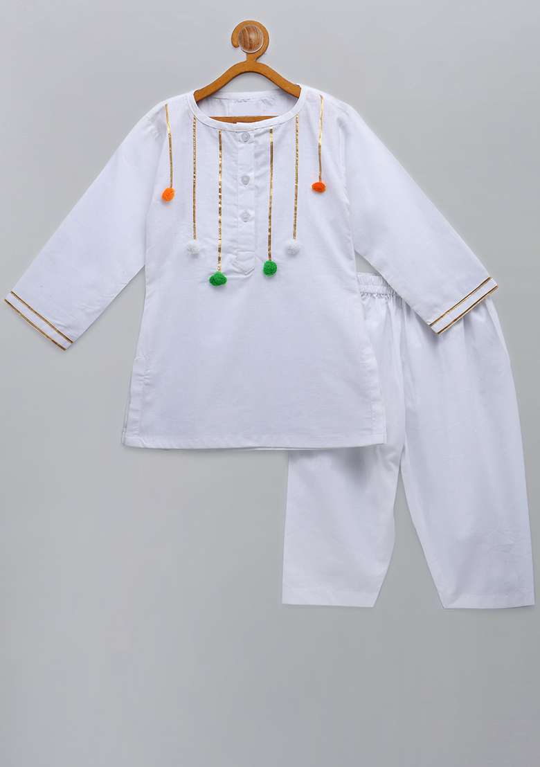 White Embroidered Cotton Kurta Set For Girls - Indya