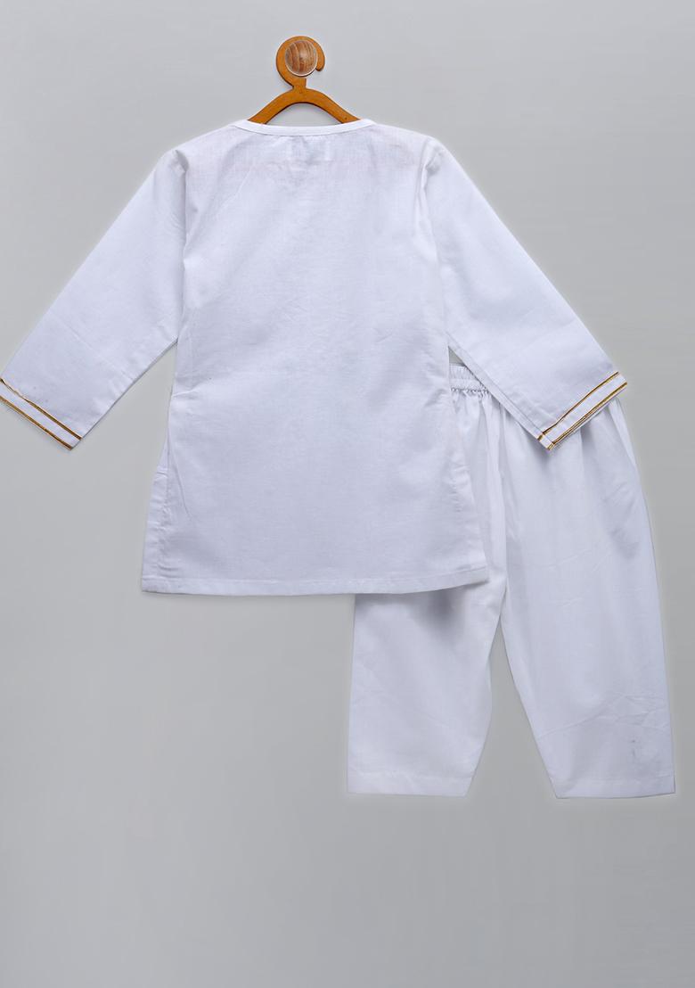 White Embroidered Cotton Kurta Set For Girls