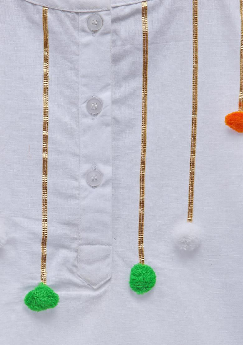 White Embroidered Cotton Kurta Set For Girls
