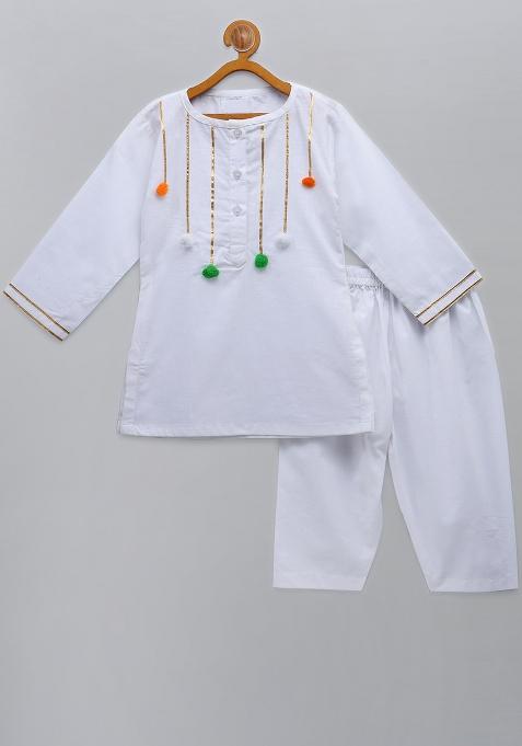 White Embroidered Cotton Kurta Set For Girls