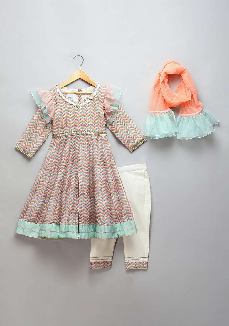 Multi Color Printed Cotton Silk Anarkali For Girls - Indya