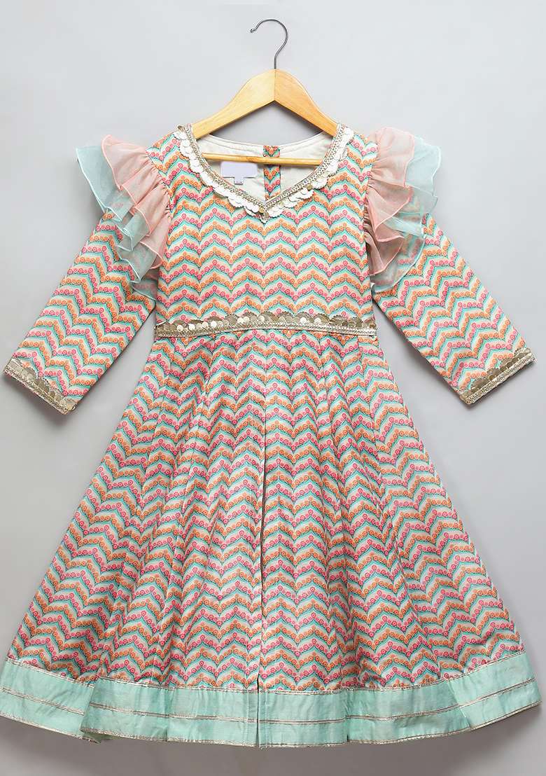 Multi Color Printed Cotton Silk Anarkali For Girls - Indya