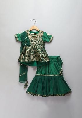 Green Embroidered Brocode Sharara Set For Girls