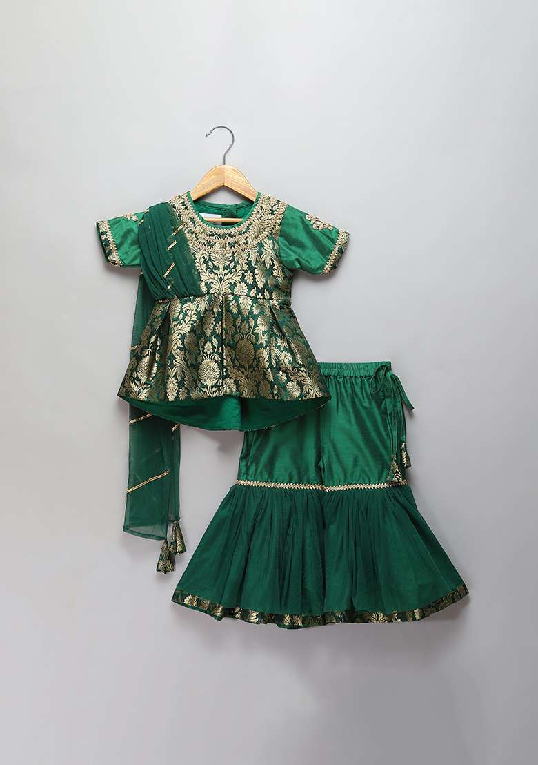 Green Embroidered Brocode Sharara Set For Girls - Indya
