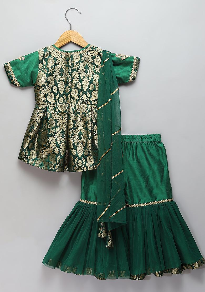 Green Embroidered Brocode Sharara Set For Girls