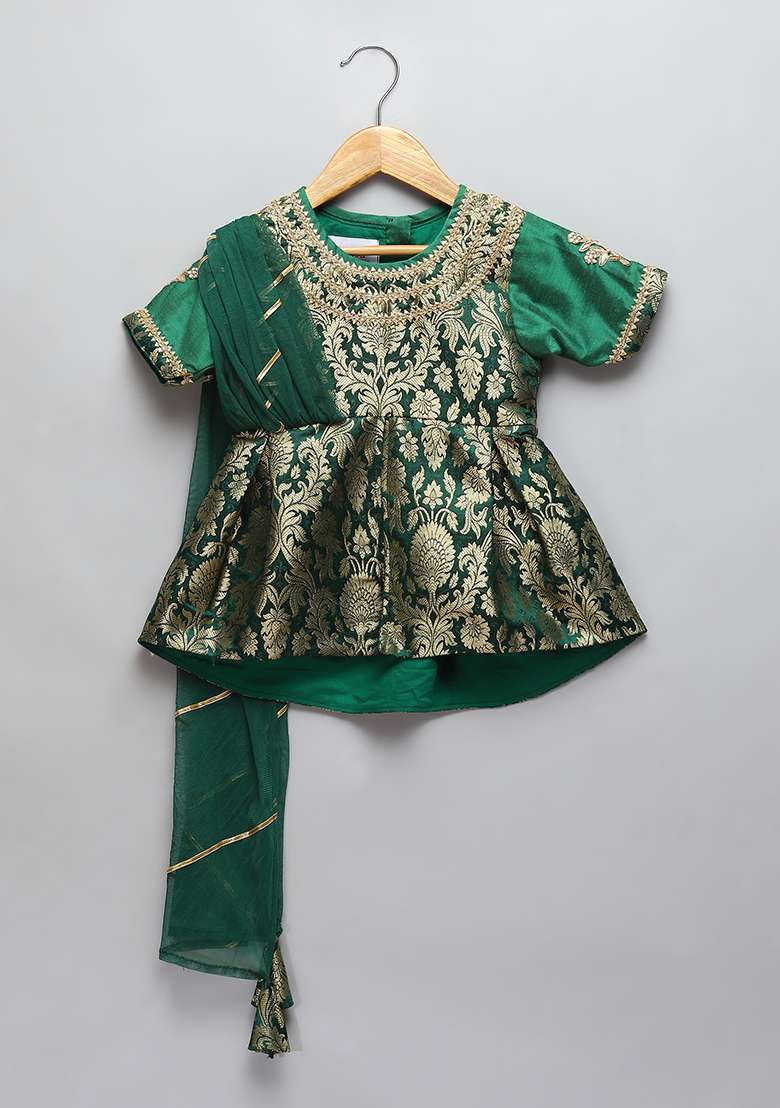 Green Embroidered Brocode Sharara Set For Girls - Indya