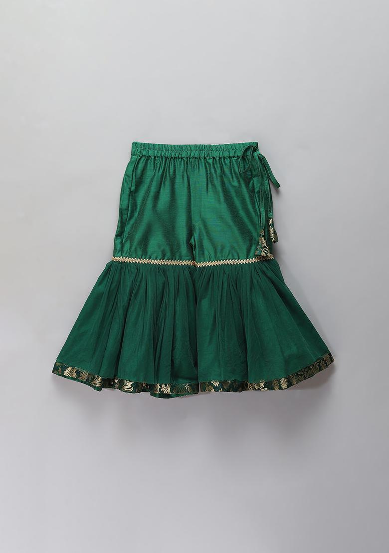 Green Embroidered Brocode Sharara Set For Girls