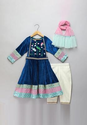 Blue Embroidered Velvet Anarkali For Girls