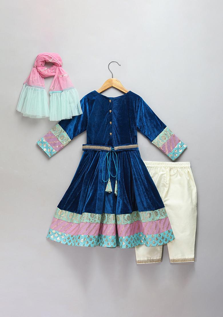 Blue Embroidered Velvet Anarkali For Girls