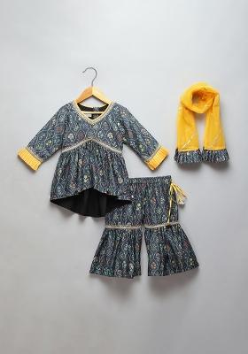 Black Printed Cotton Silk Sharara Set For Girls