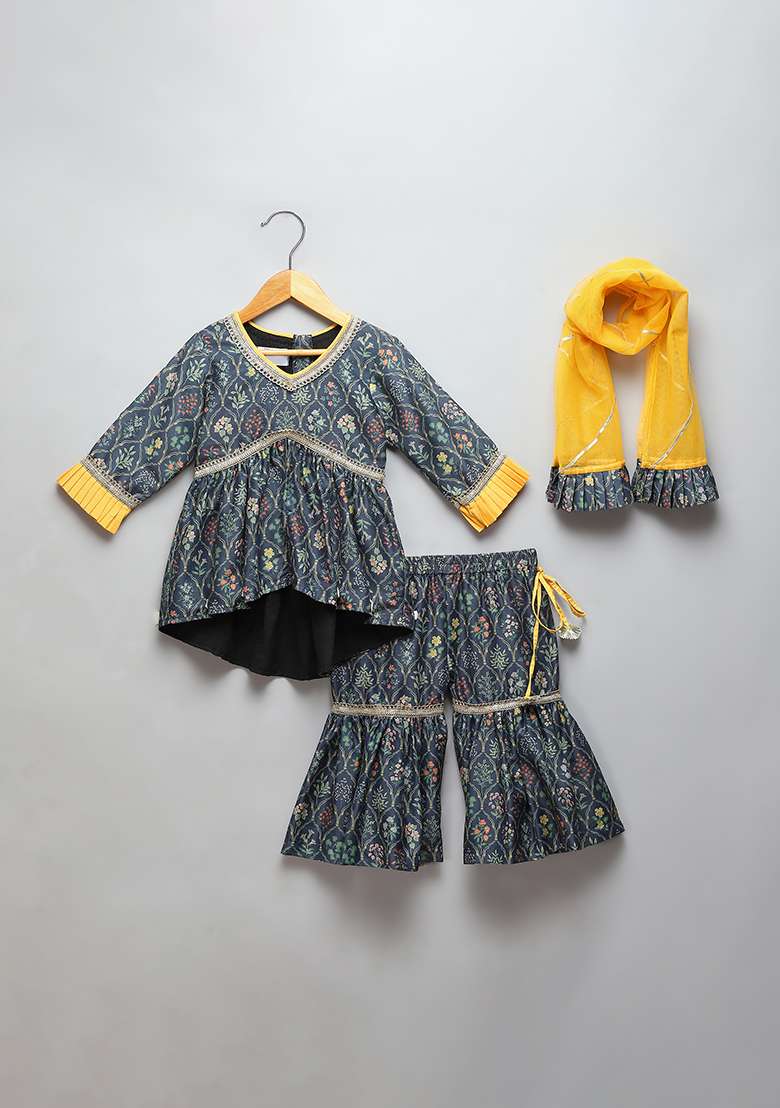 Black Printed Cotton Silk Sharara Set For Girls - Indya