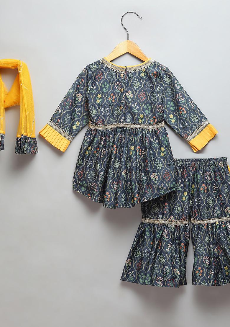 Black Printed Cotton Silk Sharara Set For Girls