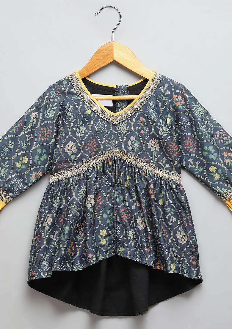 Black Printed Cotton Silk Sharara Set For Girls - Indya