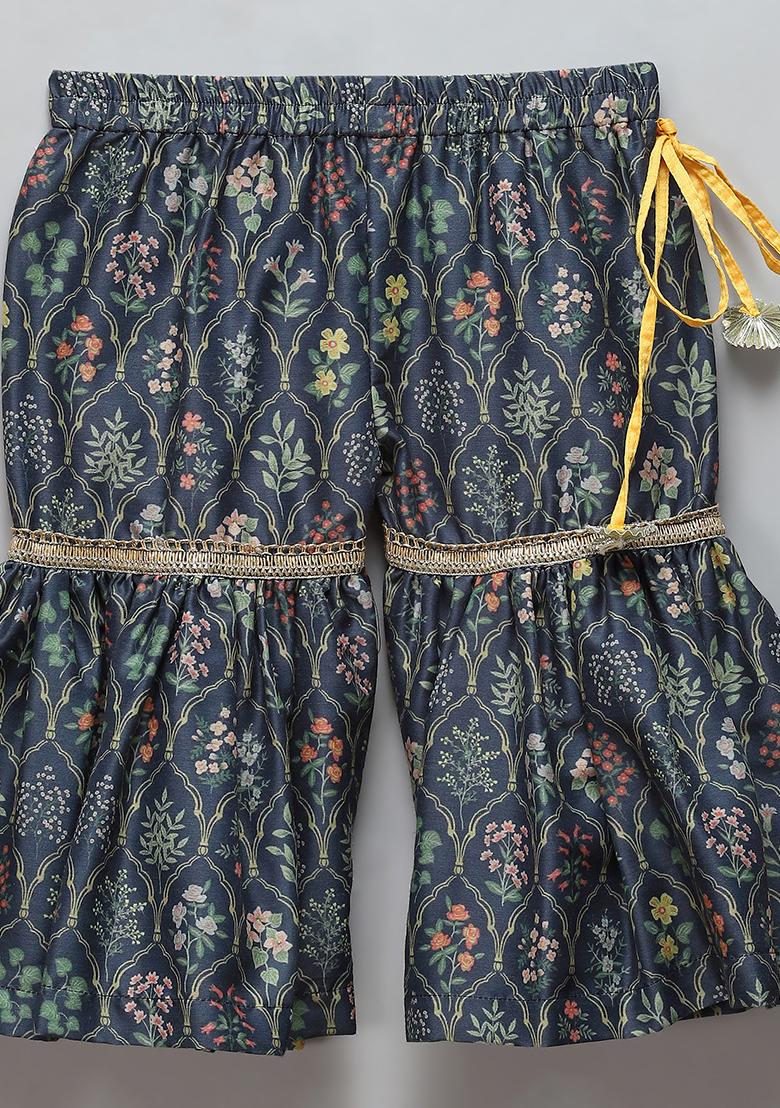 Black Printed Cotton Silk Sharara Set For Girls