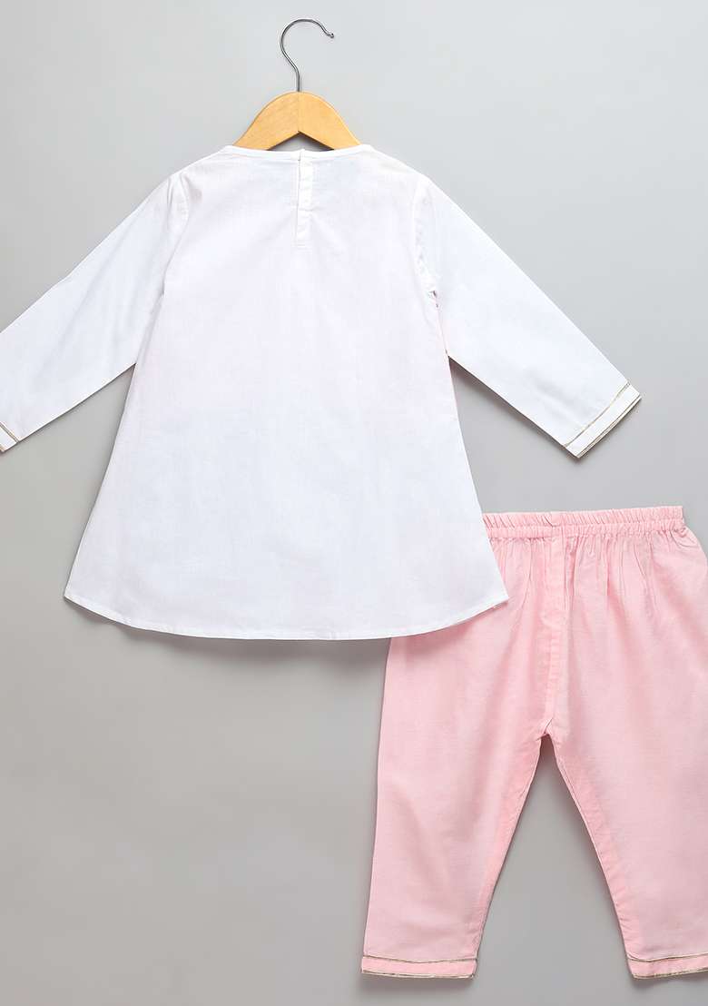 Pink Embroidered Cotton Kurta Set For Girls - Indya