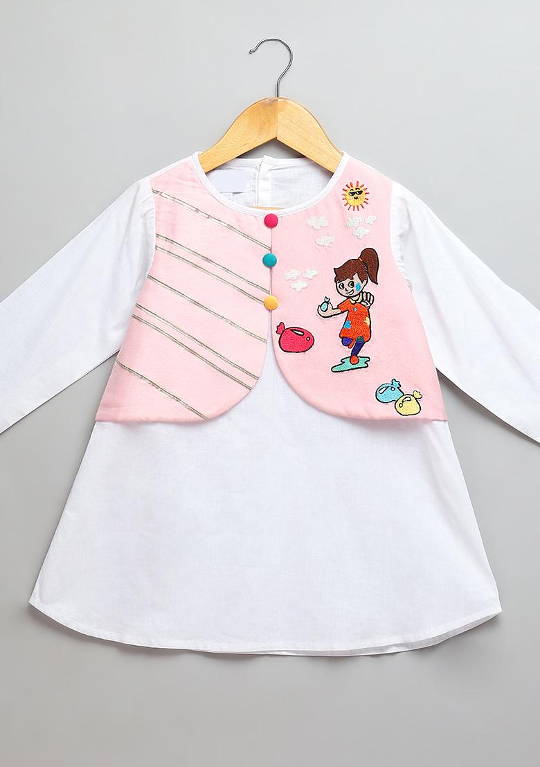 Pink Embroidered Cotton Kurta Set For Girls