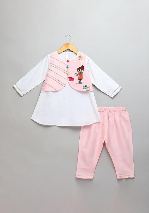 Pink Embroidered Cotton Kurta Set For Girls