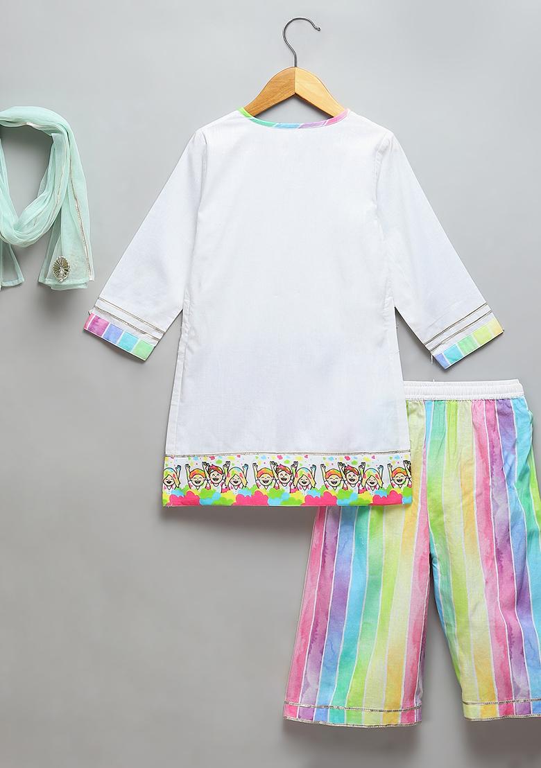 Off White Printed Cotton Kurta Set For Girls