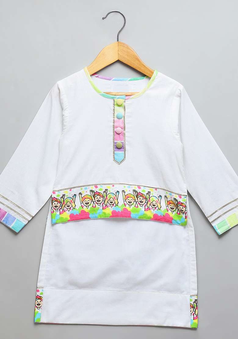 Off White Printed Cotton Kurta Set For Girls - Indya
