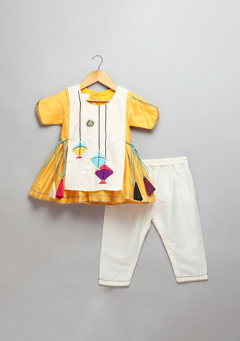 Yellow Embroidered Cotton Kurta Set For Girls