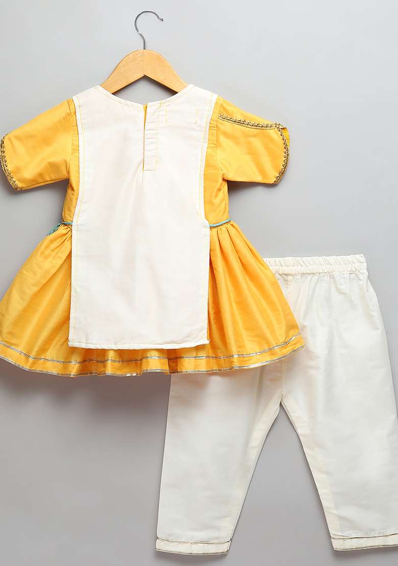 Yellow Embroidered Cotton Kurta Set For Girls - Indya