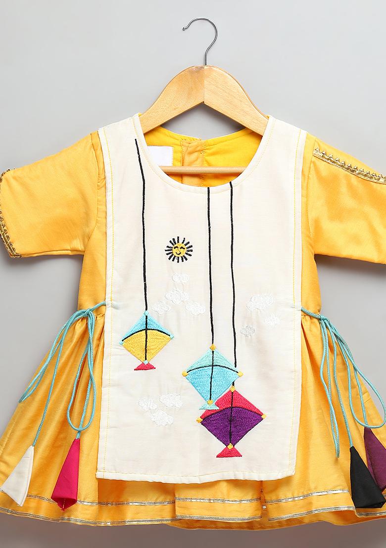 Yellow Embroidered Cotton Kurta Set For Girls