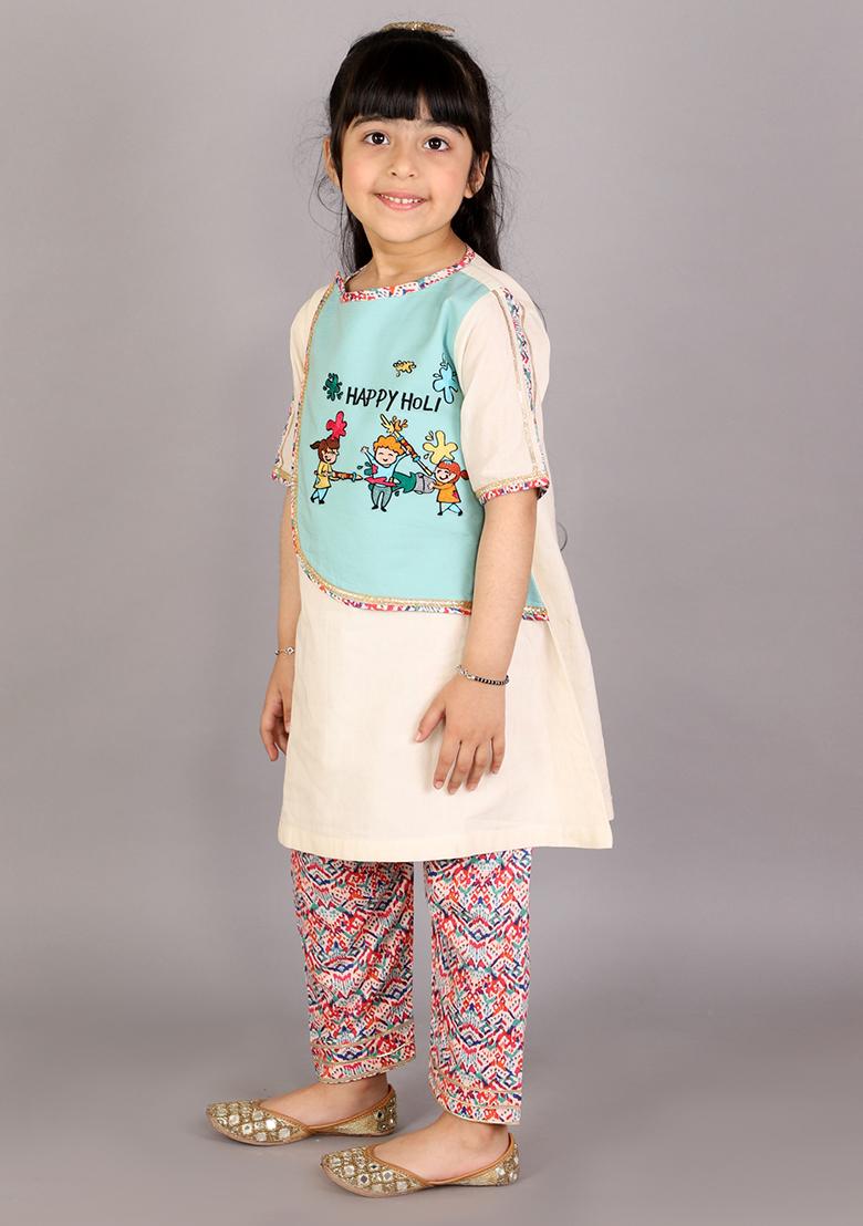 Multi Color Embroidered Cotton Kurta Set For Girls