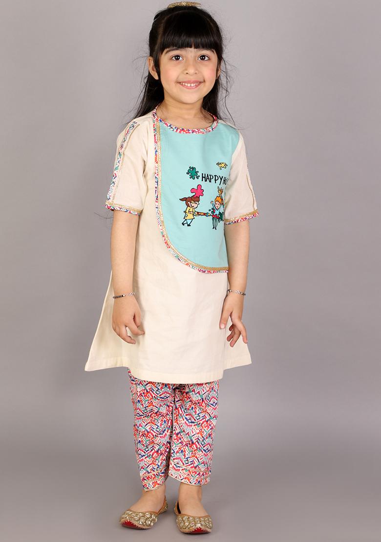 Multi Color Embroidered Cotton Kurta Set For Girls