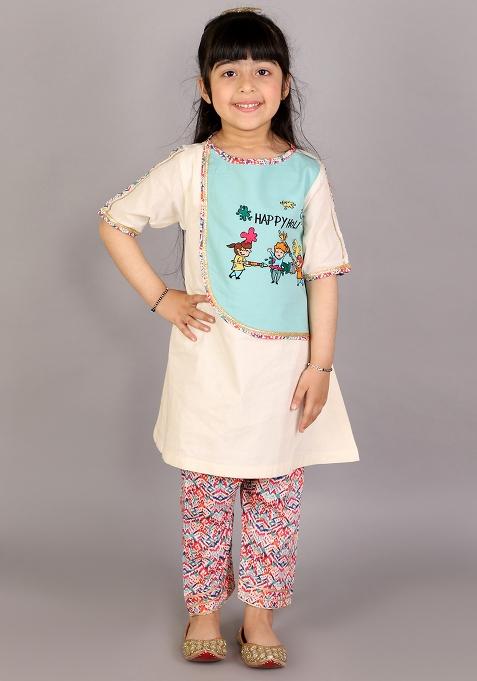 Multi Color Embroidered Cotton Kurta Set For Girls