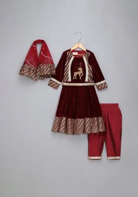 Maroon Embroidered Velvet Anarkali For Girls