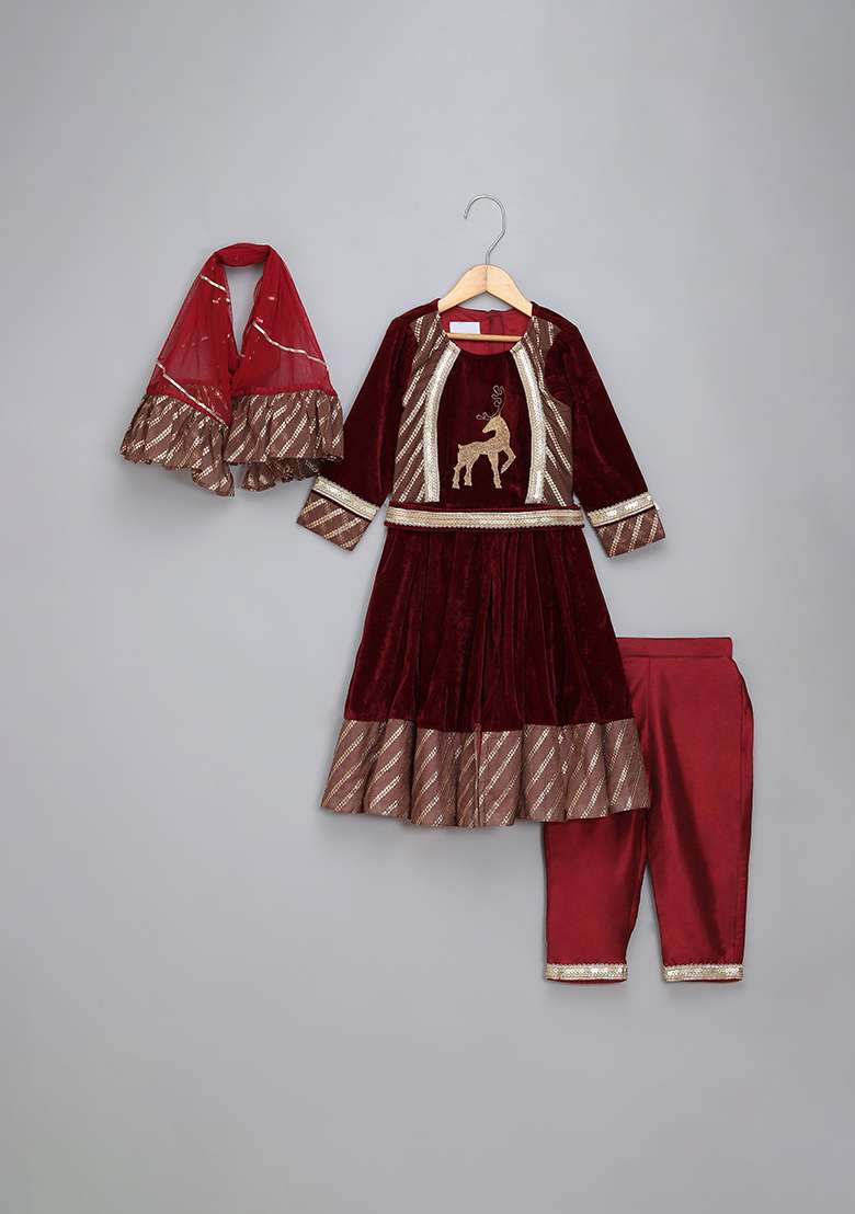 Maroon Embroidered Velvet Anarkali For Girls - Indya